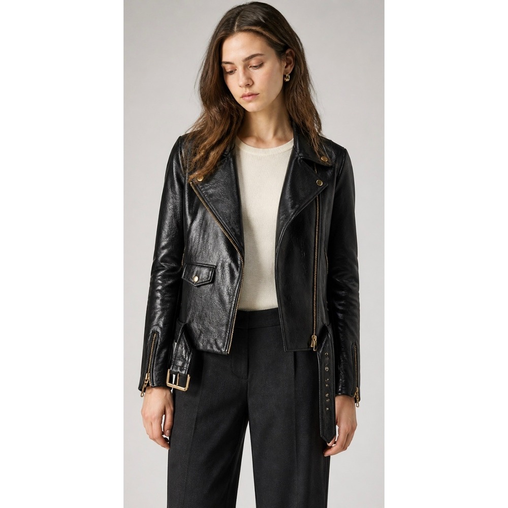 Acne Studios Merci Black Leather Moto Jacket Gold Hardware Size 36